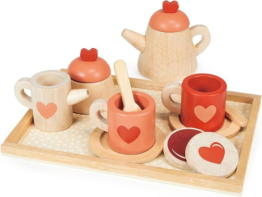 Mentari Toys - Tea Time Tray Set - Wooden Pink Teapot, Cups and Trays for Pretend Afternoon Tea Party - Social, Creative, and Imaginative Development - Learning Role Play - Age 3+