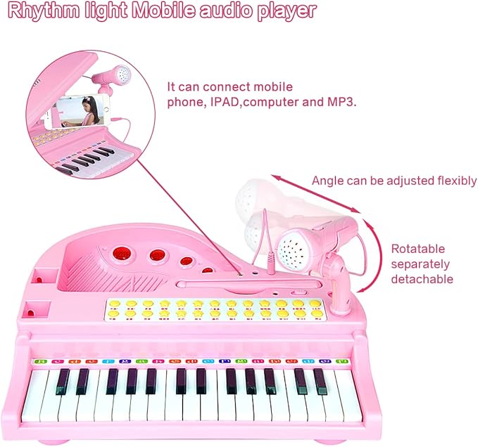 Losbenco Kids Piano Keyboard Toy, Toddler Electronic Musical Instrument Educational Toy with Microphone, Multiple Sounds, Record Playback, Lights & Stool, Birthday Gift for 3 4 5 6 7 Years Old Girls