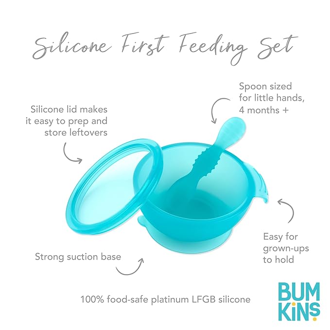 Bumkins Baby Bowl, Silicone Feeding Set with Suction for Baby and Toddler, Includes Spoon and Lid, First Feeding Set, Training Essentials for Baby Led Weaning for Babies 4 Months Up, Blue Jelly