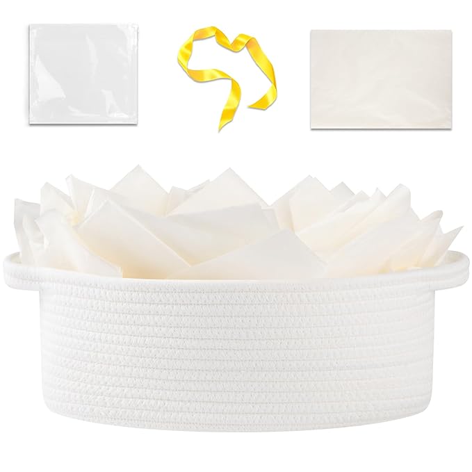 OIAHOMY Gift Basket with Handle, 13.4"x 10"x 5.5" Woven Basket with Gift Bag, Ribbon and Wrap Tissue Paper, Nursery Bins Empty to Fill with Towels, Baby, Pet Toy Organizer - White