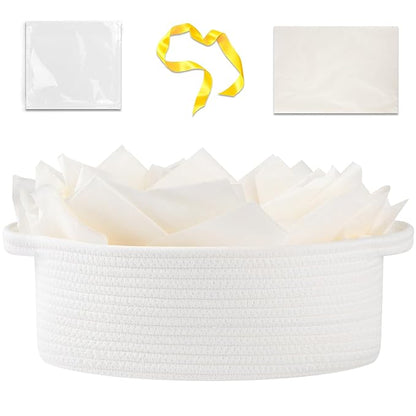 OIAHOMY Gift Basket with Handle, 13.4"x 10"x 5.5" Woven Basket with Gift Bag, Ribbon and Wrap Tissue Paper, Nursery Bins Empty to Fill with Towels, Baby, Pet Toy Organizer - White