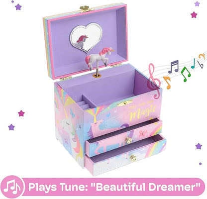 Jewelkeeper Unicorn Musical Jewelry Box for Girls - Cotton Candy Rainbow Design Music Box with 2 Pullout Drawers to Store Earrings, Necklace and Bracelets, Plays The Beautiful Dreamer Tune