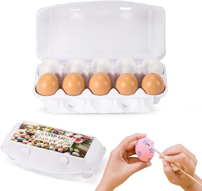 Fake Eggs, 10 Count Brown and White Wooden Easter Eggs for Painting and Crafts,Food Toys for Kitchen Play and Room Decor, Eggs for Nesting Boxes, Poultry Incubators