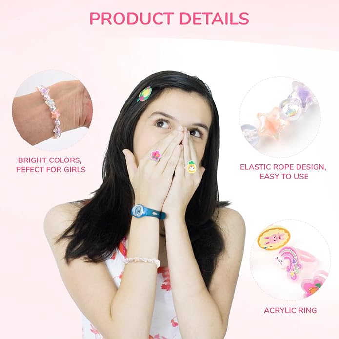 Little Girl Jewel Rings, Adjustable Pink Rings Girls Kids Pretend Play and Dress up Jewelry Set, Cute Rings with Display Case Party Favors Toys Gifts