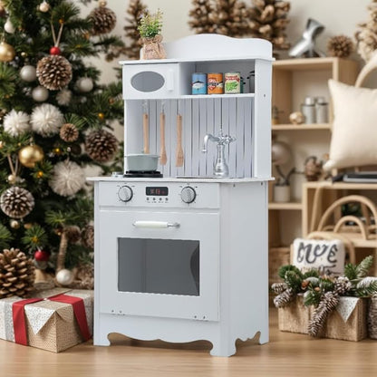 Play Kitchen for Kids, Wooden Kids Play Kitchen Playset Chef Pretend Play Set for Toddlers with Real Lights & Sounds, Toys Kitchen with 6pcs Cooking Accessories