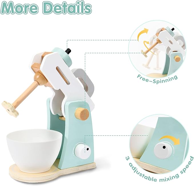 Play Kitchen Accessories, Frogprin Wooden Toy Mixer Set, Pretend Play Food Sets for Kids Kitchen - Includes Extra Egg, Rolling Pin, Cookies, Sugar, Flour