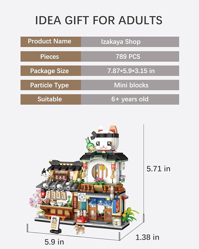 Japanese City Street View Izakaya Shop, MOC Creative Building Blocks House Set, Simulation Architecture Construction Toy, Gifts Idea for Kids Adults (Mini Blocks 789 pcs)