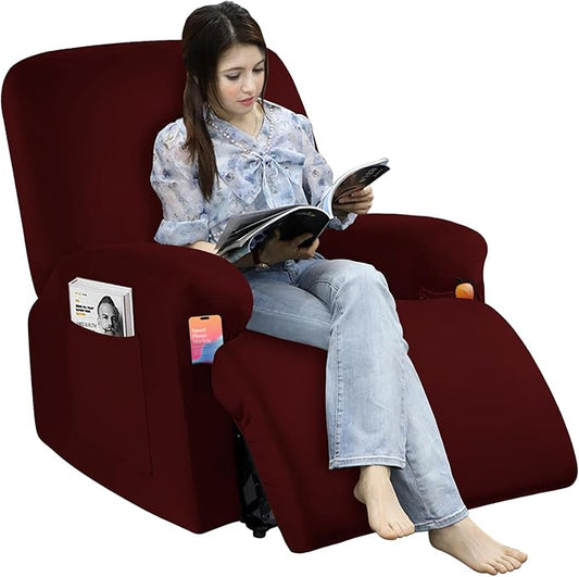 Soft Spandex Recliner Chair Covers, 4 Pieces Lazy Boy Recliner Cover for Recliner Chair, Stretch Cover for Recliner slipcovers Good Choice for All Seasons(XL,Wine Red)