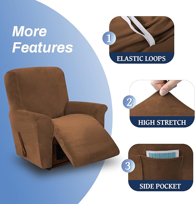 WEERRW Velvet Recliner Chair Cover 1 Piece High Stretch Recliner Couch Cover, Washable Furniture Protector with Non Slip Elastic Bottom for Kids and Pets, Camel