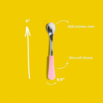 Avanchy Infant Baby Spoons Stainless Steel and Silicone Set, Self Feeding Food Utensils, 4 Months Baby Led Weaning, 2 Pack, Yellow