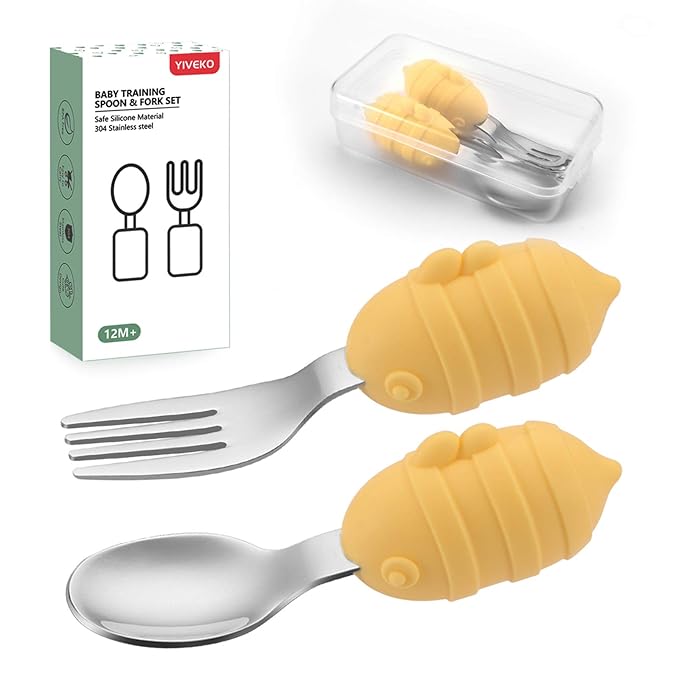 Baby Fork and Spoon Set with Carry Case Baby Training Utensils Self Feeding Toddler Silverware Silicone and Stainless Steel Kids and Toddler Utensil Set-Bees