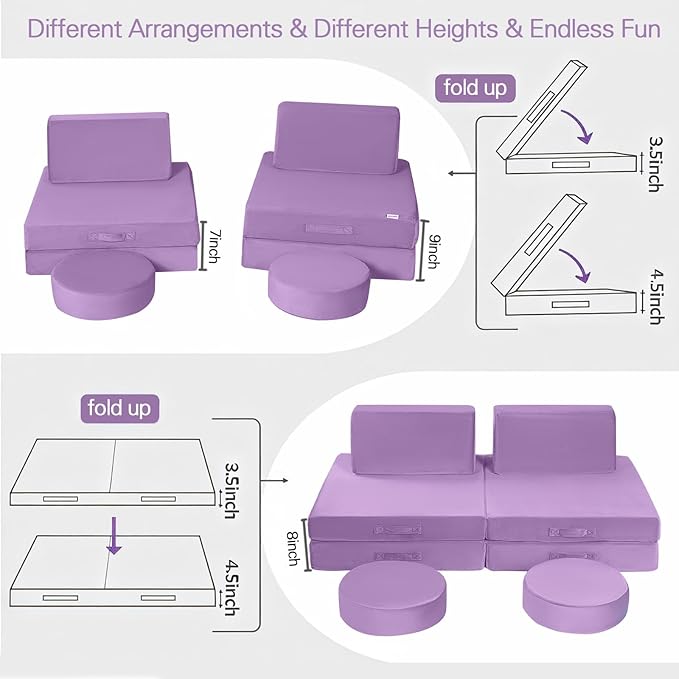 MeMoreCool Modular Kids Couch, Purple 8-Piece Convertible Foam Sofa Play Set for Toddlers and Playroom