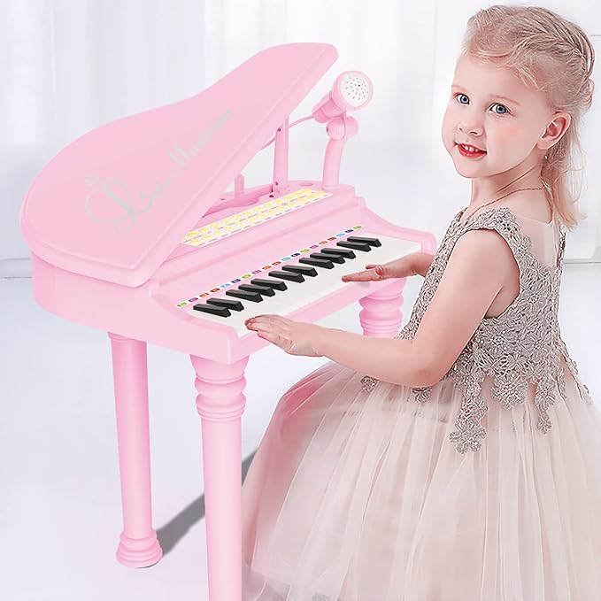Losbenco Kids Piano Keyboard Toy, Toddler Electronic Musical Instrument Educational Toy with Microphone, Multiple Sounds, Record Playback, Lights & Stool, Birthday Gift for 3 4 5 6 7 Years Old Girls