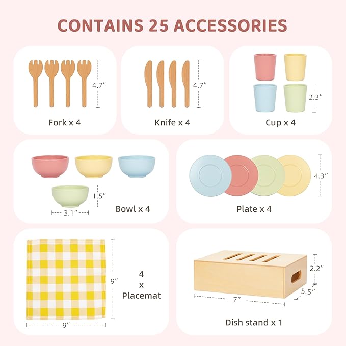 Wooden Play Dishes and Plates for Kids Kitchen Set, 25 PCS Wooden Play Kitchen Accessories, Pretend Montessori Kids Pots and Pans Playset for 3+ Toddlers