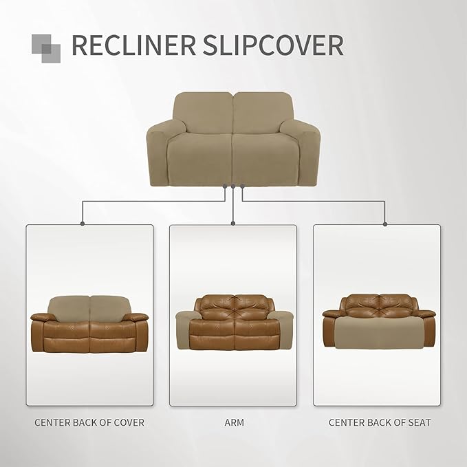 Easy-Going Oversized 6 Pieces Microfiber Stretch Sectional Recliner Loveseat Sofa Slipcover Soft Fitted Fleece 2 Seats Couch Cover Washable Furniture Protector with Elasticity for Kids Pet Tan