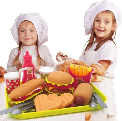 Pretend Play Fast Food Set, Play Food for Kids Kitchen - Play Kitchen Accessories - Toy Foods with Play Burger and Hot Dog Plastic Food for Pretend Play, Kids Toddler Childrens Birthday Gifts