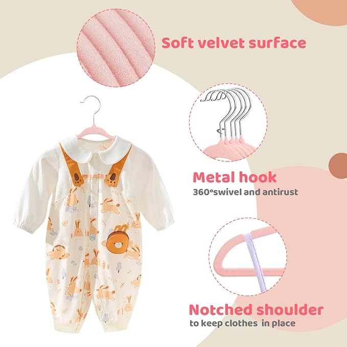 ManGotree 10.95" Baby Velvet Hangers, Non-Slip Infant Coat Hangers, Ultra-Thin Toddler Felt Hangers with 360° Swivel Hook, Space Saving Children's Hangers for Kids Clothes, 48 Pack (Pink)