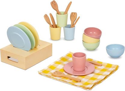 Wooden Play Dishes and Plates for Kids Kitchen Set, 25 PCS Wooden Play Kitchen Accessories, Pretend Montessori Kids Pots and Pans Playset for 3+ Toddlers