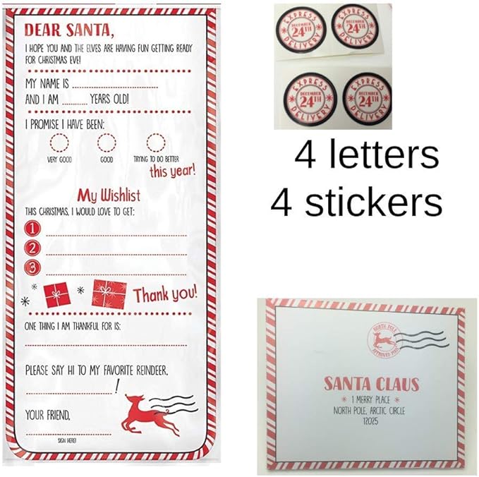 Official DIY Letters to Santa Kit Set of 4-Christmas Wish List-4 Fill in Cards with Sticker Seals