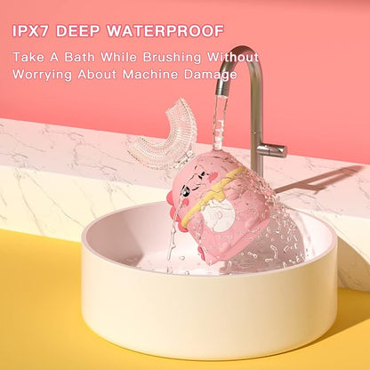 Kids Electric Toothbrush U Shaped Toddler Auto Sonic Toothbrushes with 5 Brush Head,Cartoon Dinosaur Ultrasonic Toothbrushes for Children 2-12 Years,360° Full Mouth Cleaning Automatic