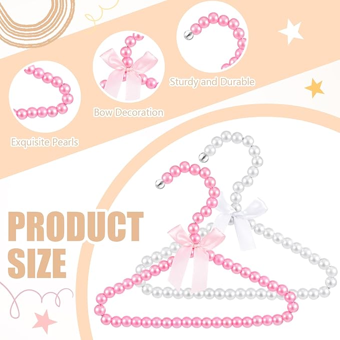 Wesiti 10 Pcs Small Pearl Hanger Mini Pearl Metal Elegant Clothes Hangers with Ribbon for Women Dog Cat (Pink,White)