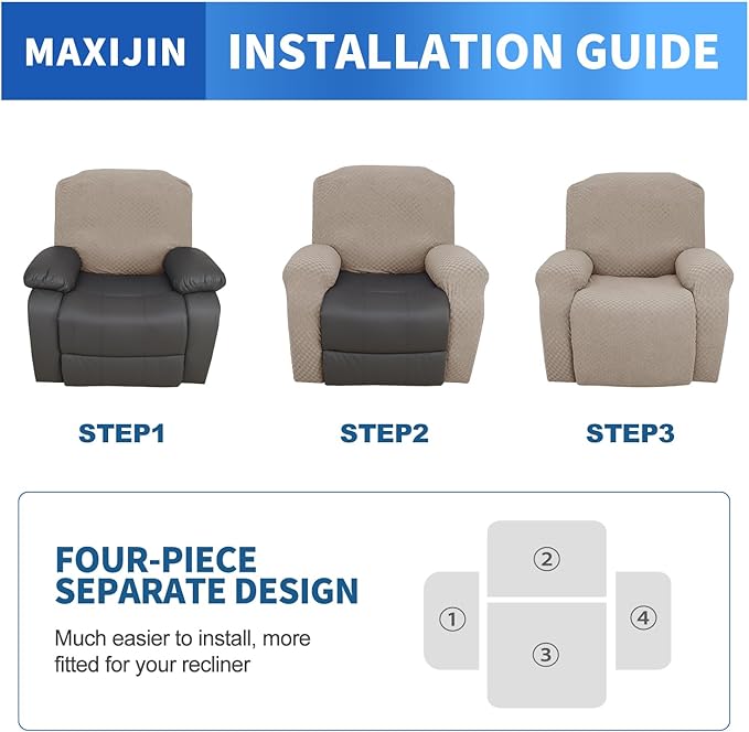 MAXIJIN Recliner Cover Slipcovers for Living Room 4 Pieces Stretch Jacquard Recliner Chair Cover Soft Fitted Recliner Protector with Elastic Bottom for Kids, Pets (Recliner, Khaki)