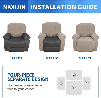 MAXIJIN Recliner Cover Slipcovers for Living Room 4 Pieces Stretch Jacquard Recliner Chair Cover Soft Fitted Recliner Protector with Elastic Bottom for Kids, Pets (Recliner, Khaki)