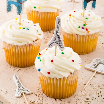 Restaurantware Top Cake 3.2 X 1.3 Inch Cake Toppers 24 Paris Theme Cake Topper Inserts - Durable Assorted Pieces Multicolor Paper Cake Decoration Birthday Baby Shower Wedding Supplies