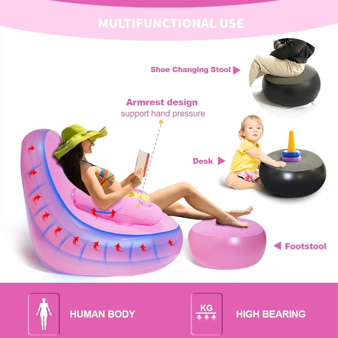 Nevife Inflatable Lounge Chair with Ottoman & Cup Holder, Portable Blow Up Sofa, Air Chaise Lounge,Lazy Couch for Camping,Gaming,Lunch Break,Garden,Party,Enjoy Sunbathing (Pump Not Incl.)-Pink