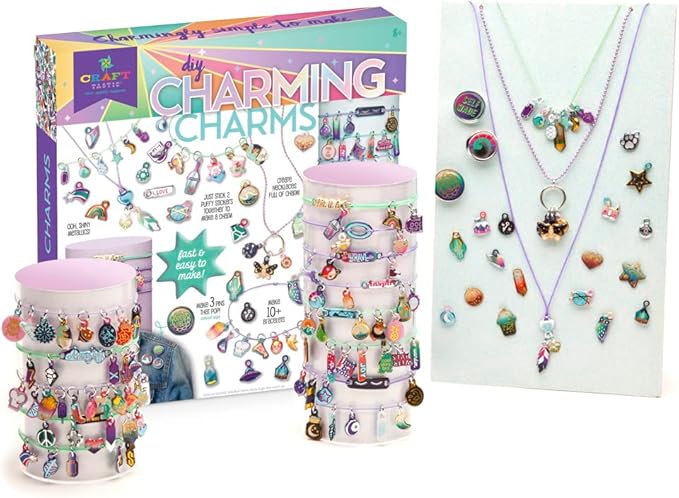 Craft-tastic — Puffy Charming Charms — Designs Pins, Necklaces, and Bracelets — Fun Creative Craft Kit for Ages 8+