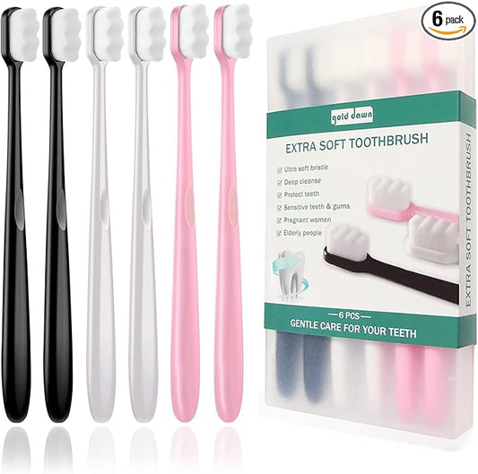 GoldDawn Extra Soft Toothbrush for Sensitive Teeth and Gums， Micro Fur Manual Toothbrush with 20000 Ultra Soft Bristle, Excellent Cleaning Effect， Perfect for Kids & Adults (6 Pack)