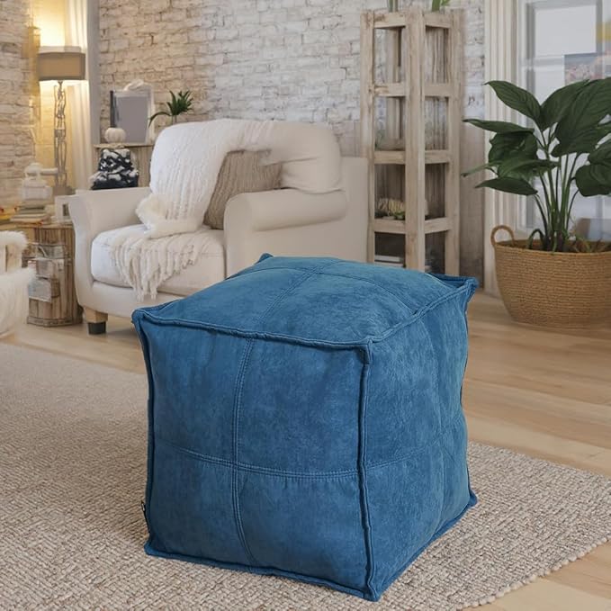 Louis Donné Unstuffed Pouf Ottoman, Square Supersoft Pouf Cover with Storage Solution, Foot Stool for Living Room, Home Decor, Christmas Decoration, 17x17 - Blue (Only Cover)