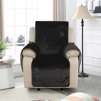 RBSC Home Waterproof Faux Fur Recliner Covers - Black Antislip Recliner Chair Slipcover Faux Rabbit Plush Furniture Protector with Elastic Straps for Kids, Dogs, Pets
