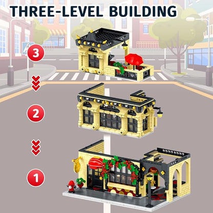 City Restaurant Architecture Building Kit with LED Lights, 3 Levels Restaurant Building Blocks 1489 Pcs City Street View Building Toys Modular House Building Blocks Set for Adult Teen Kids 14+