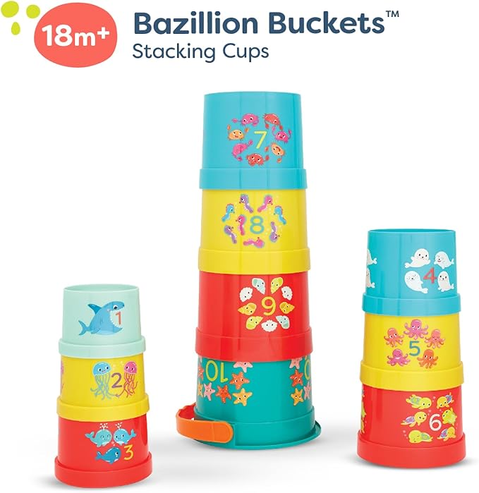 B. toys- Bazillion Buckets- Sort & Stack- 10 Stacking Cups – Numbered Nesting Cups – Bath & Backyard Toys – Educational Play Set for Toddlers, Kids – 18 Months +