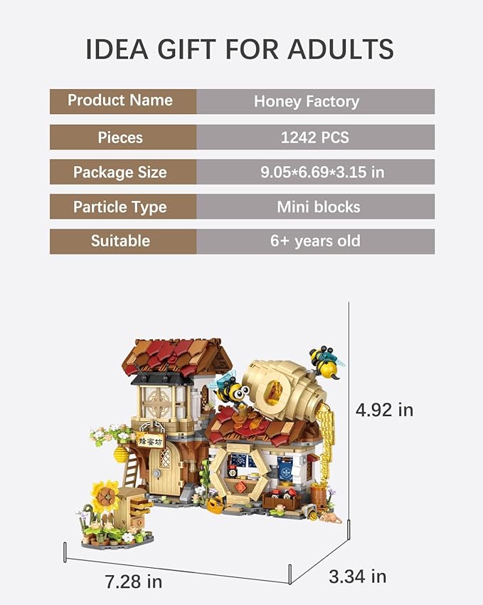 City Street View Honey Workshop Building Blocks Set, MOC Creative Bee Model Theme House, Simulation Architecture Construction Toy, Gifts Idea for Kids Adults (Mini Blocks 1242 pcs)