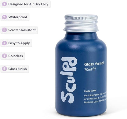 Sculpd Clear Varnish for Air Dry Clay Pottery, Gloss Finish Clear Varnish for Pottery and Acrylic Paint, Create Waterproof Pottery from Home, Colourless Scratch Resistant Varnish, 70ml