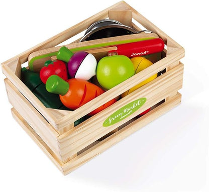 Janod Fruits & Vegetable Maxi Set - Wooden Sliceable Play Food - 13 Piece Set - Ages 3+ - J06607