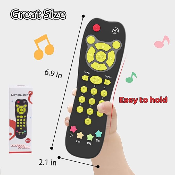 KALUYA Baby TV Remote Toy, Toddlers Remote Control Toy Kids Realistic Play Remote Early Educational Baby Musical Toys with Light and Sound English French Spanish for Infant Boys Girls 6 Month+, Black