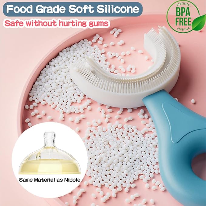 YOTEE U-Shaped Toothbrush Kids 2 PCS - Toddler Toothbrush with Food Grade Soft Silicone Brush Head, Manual Whole Mouth Toothbrush for Kids Age 2-6(Blue+Pink), 360° Oral Teeth Cleaning Design