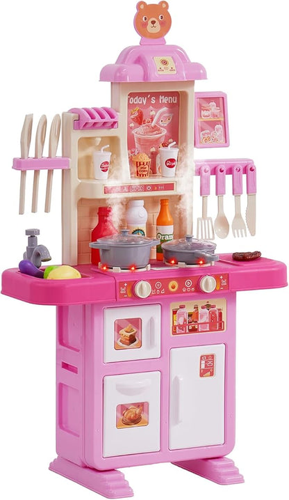 VEVOR Kids Kitchen Playset, Toddler Kitchen with Cooking Stove with Steam, Sounds and Lights, Play Kitchen Set with 48 PCS Cooking Accessory Set for Toddlers, Preschoolers, Children Ages 3-5, Pink