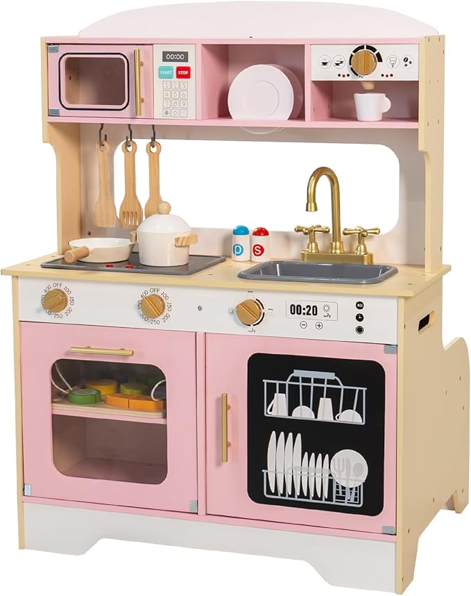 Garsing Play Kitchen Pretend for Kids Toddlers, Double Sided Toy Kitchen and Restaurant with Realistic Features, Wooden Toy Kitchen Sets with Storage and Accessories, Age 3+, Pink
