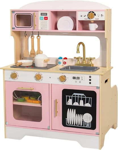 Garsing Play Kitchen Pretend for Kids Toddlers, Double Sided Toy Kitchen and Restaurant with Realistic Features, Wooden Toy Kitchen Sets with Storage and Accessories, Age 3+, Pink