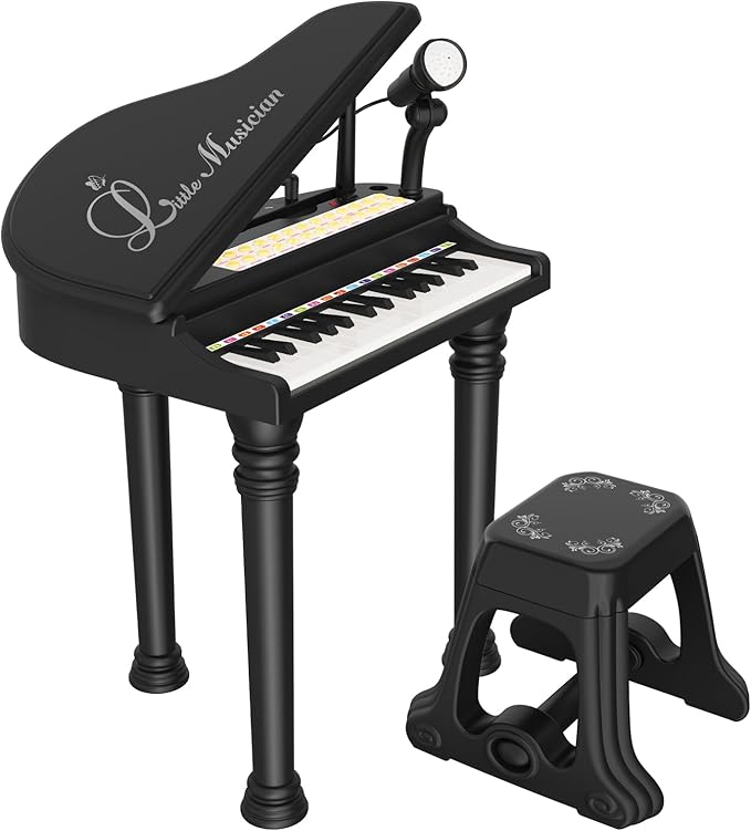 Losbenco Kids Piano Keyboard Toy, Toddler Electronic Musical Instrument Educational Toy with Microphone, Multiple Sounds, Record Playback, Lights & Stool, Birthday Gift for 3 4 5 6 7 Years Old Girls