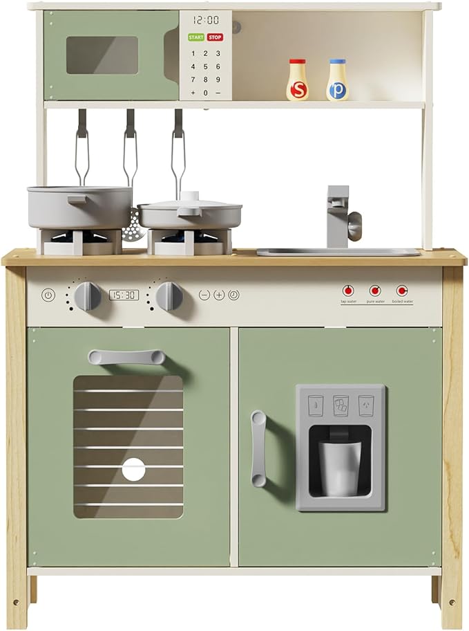 Babytronic Kids Play Kitchen, Wooden Kitchen Playset for Kids Ages 3+ with Real Lights, Sounds, Stove, Sink, Oven, and 30 Pcs Accessories, Toys Kitchen Small Pretend Play Kitchen for Toddlers (Green)