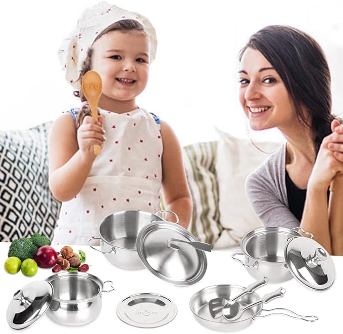 Pretend Play Kitchen Cooking Toys with Stainless Steel Cookware Play Pots and Pans Set，Cooking Utensils Kitchen Play Accessories Toys Cooking Pots for Toddlers Boys Girls for Kids