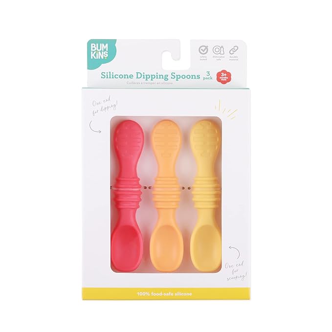 Bumkins Baby Utensil Set, Silicone Trainer Spoons for Dipping, Soft Tip, Self-Feeding, Chew, Baby Led Weaning, First Year Training Supplies, Essentials in Learning Eating, 4 Mos, 3-pk Red and Yellow