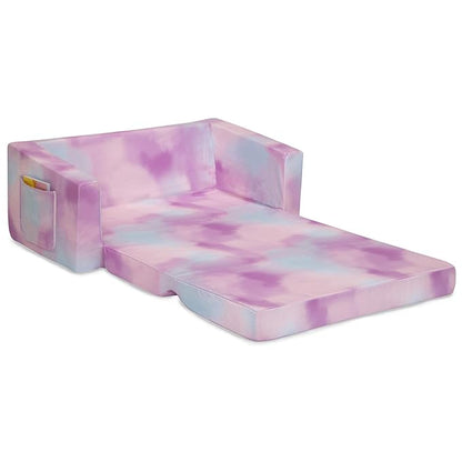 Delta Children Cozee 2-in-1 Extra Wide Convertible Sofa to Lounger-Comfy Flip Open Couch/Sleeper for Kids, Pink Tie Dye