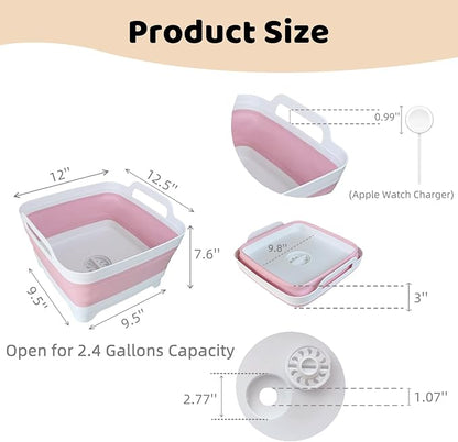 GIMWA Collapsible Wash Basin for Baby Bottles - 2.4 Gallons Portable Wash Bin for RV Camping Sink, Space-Saving Dish Tub (Pink)