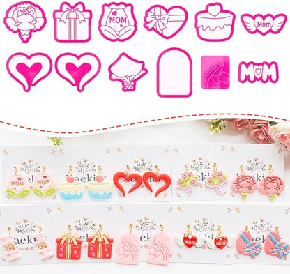 Mother’s Day Polymer Clay Cutters & Stamp Set - 12pcs Sharp & Durable Mom, Heart, Cake, Carnation & Gift Shapes for DIY Earring Jewelry Making, Soft Clay Crafts & Holiday Supplies